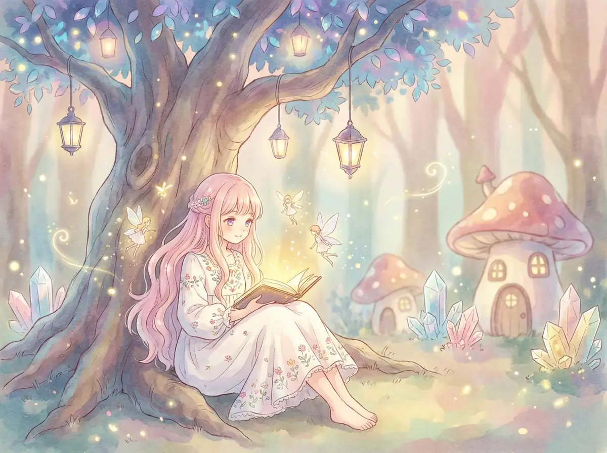 xl上司带翻译中樱花 - 魔法森林中阅读故事书的粉发少女与精灵